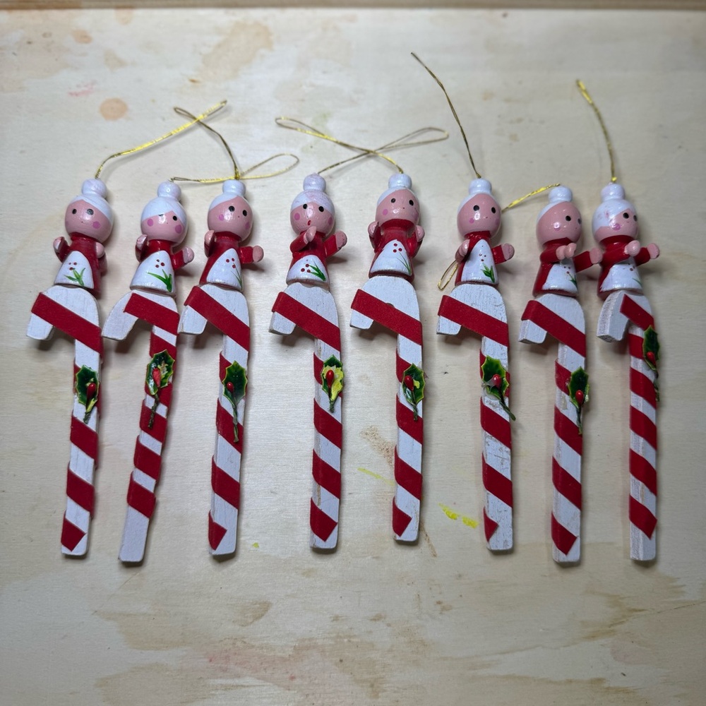 8 Vintage Wood Mrs. Clause on a Candy Cane Christmas Tree Ornaments
